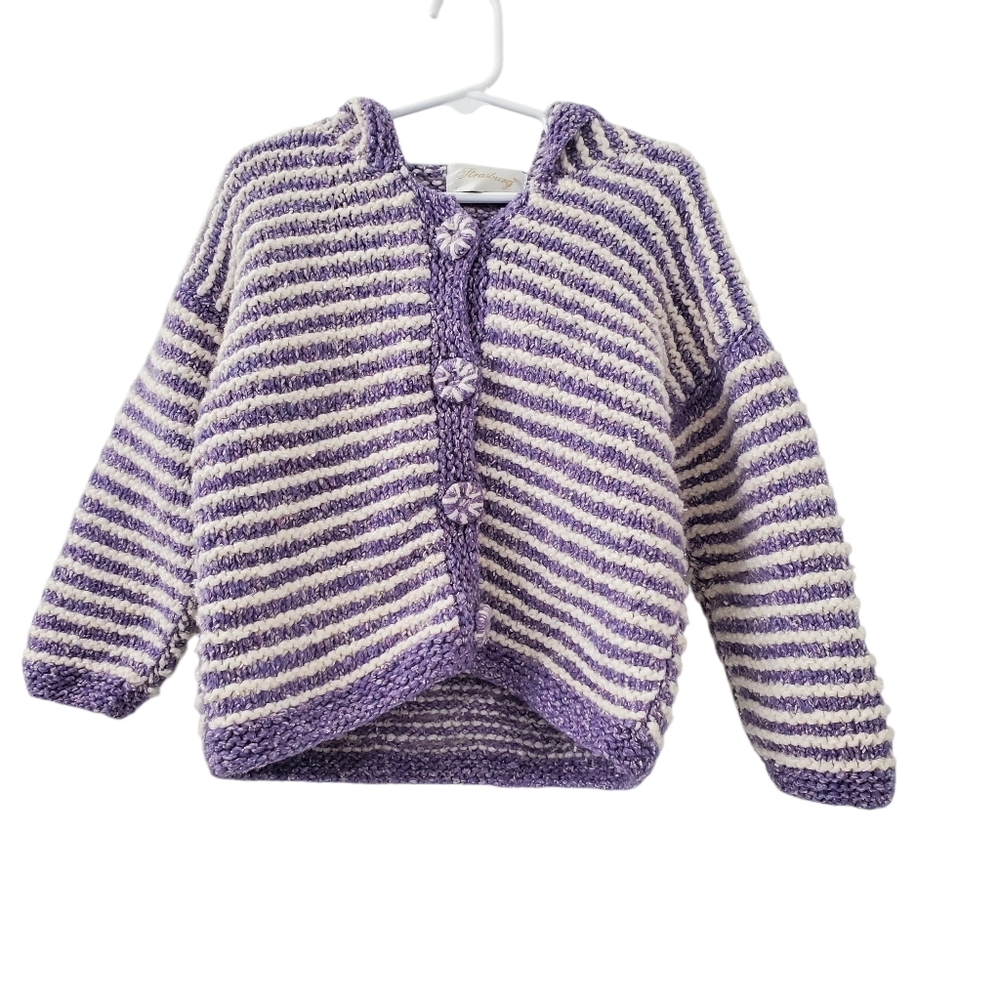 Strasburg Lilac and Cream Striped Girl's Hooded Cardigan Sweater (XXS)